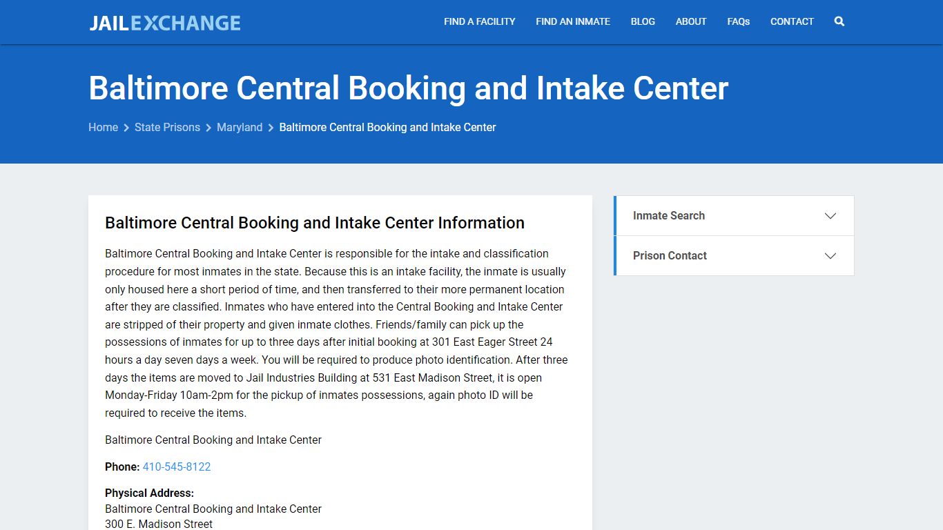 Baltimore Central Booking and Intake Center Inmate Search, MD